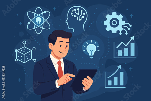 Businessman managing tech innovation on a tablet. Concepts of data analysis, artificial intelligence, research, and strategy. Icons for business growth, ideas, and automation. Vector.