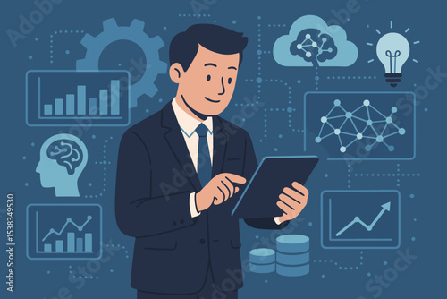 Businessman using tablet for data analysis, tech driven innovation. Corporate strategy concept with AI, cloud computing, financial growth charts. Digital transformation vector illustration.