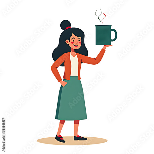 Cartoon Woman Holding Coffee Cup: Vector Illustration of Smiling Lady with Hot Drink in Modern Flat Style for Blog or Website