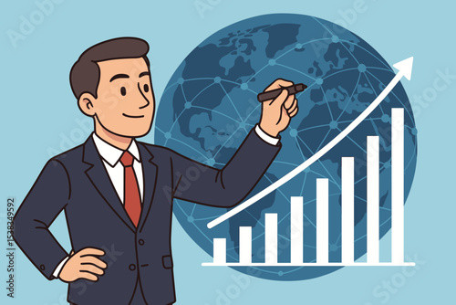 Businessman drawing a growth chart with a rising arrow. Global business success and financial market expansion concept. International trade and economic strategy vector illustration.
