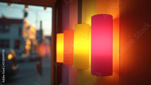 Colorful wall lamps illuminate a room, with a blurred street view in the background