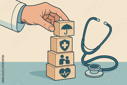 Doctor hand stacking wooden blocks with health insurance icons. Concept of healthcare, medical protection, family life insurance planning. Stethoscope on table. Vector graphic.