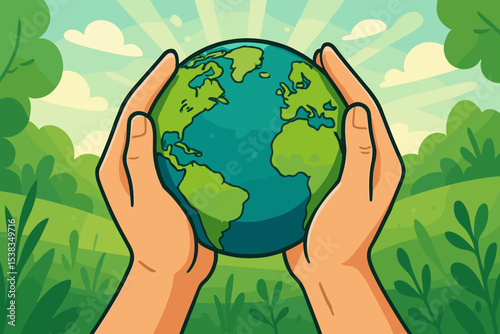 Caring hands holding planet Earth. Earth Day concept for environmental protection and conservation. Save the planet illustration with green nature background. Ecology and sustainability.