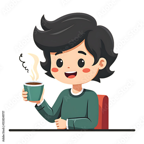 Cartoon Boy Enjoying Hot Coffee: Cute Character Illustration, Cozy Drink, Vector Art, Warm Beverage, Happy Kid, Coffee Break
