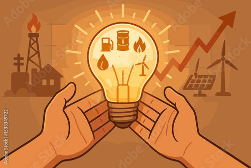 Energy transition concept. Hands holding lightbulb with renewable vs fossil fuel icons. Solar panel, wind turbine, oil, gas. Sustainable future, climate change, rising price graph.