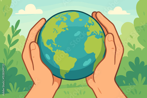 Caring hands holding planet Earth. Concept of environmental protection, conservation, and sustainability. Earth Day illustration for saving our world. Ecology and nature care vector.