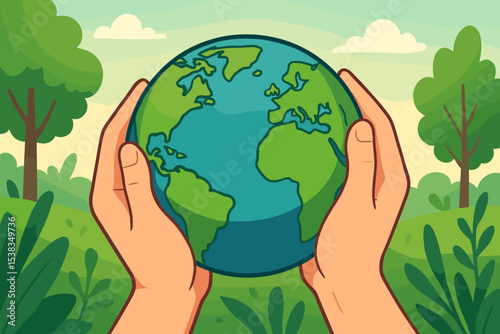 Hands holding Earth globe on a green nature background. Earth Day concept for environmental care, conservation, sustainability, and ecology. Save the planet vector illustration.
