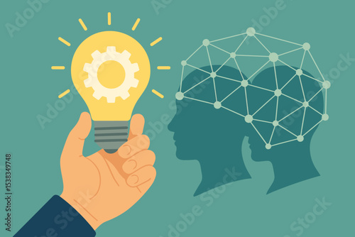 Innovation concept with hand holding a lightbulb containing a gear. Metaphor for brainstorming, teamwork, and collective intelligence. Two head silhouettes connected by a neural network.