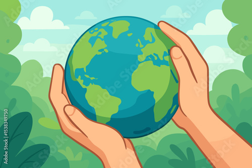 Caring hands holding planet Earth. Earth Day concept illustration. Environment protection, conservation, and sustainability. Save our planet. Ecology and nature care background vector.