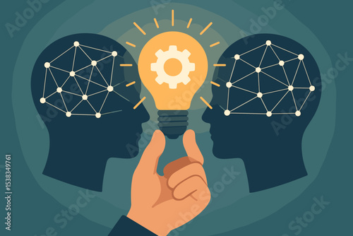 Innovation and collaboration concept. Hand holds light bulb with gear between two head silhouettes. Brainstorming, teamwork, shared idea, creative solution and business strategy.
