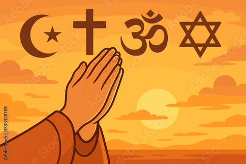 Interfaith dialogue and religious unity concept. Praying hands with symbols of world religions: Christianity, Islam, Judaism, Hinduism. Harmony, peace and spiritual diversity vector.