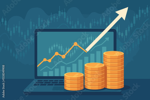Stock market trading and investment growth concept illustration. Laptop with financial chart, candlestick graph, and rising arrow. Stacks of gold coins represent profit and success.