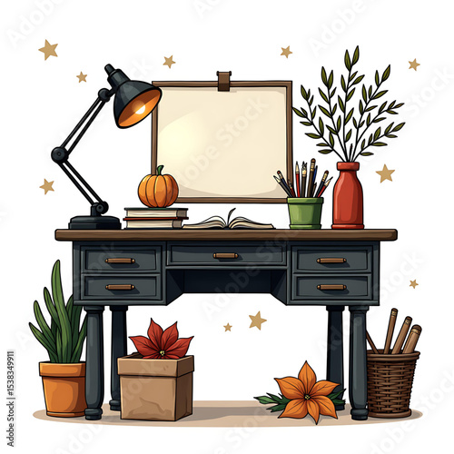 Cozy Autumn Desk Illustration: Workspace with Lamp, Pumpkin, Plants, and Art Supplies - Fall Home Decor, Digital Art, Study Nook