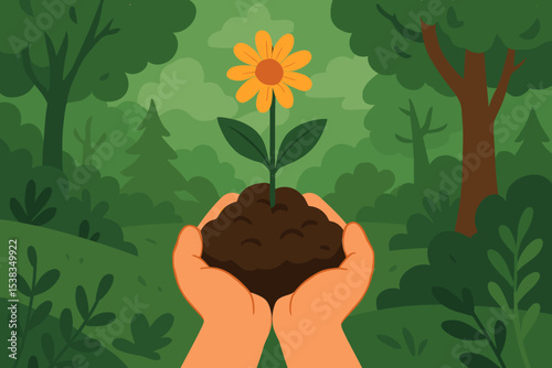 Hands holding soil with a growing flower, concept of nurturing nature, environment, and ecology. Planting a seedling in the forest for conservation, sustainability, and Earth Day.