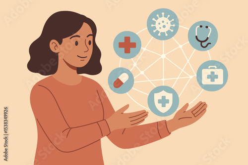 Woman presenting virtual health network concept. Telemedicine, online doctor consultation, digital healthcare system, and medical insurance. Vector illustration with health icons.