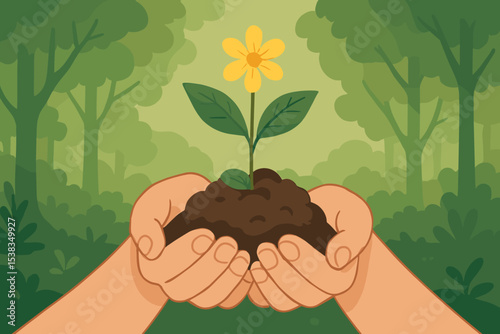 Hands holding soil with a young plant, a concept for growth, care, and new life. Environmental conservation, sustainability, and ecology theme for Earth Day. Nurturing a sapling.