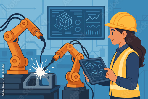 Smart factory industrial automation concept. Female engineer with tablet controlling robotic arm welder. Woman worker on a futuristic production line with advanced technology.