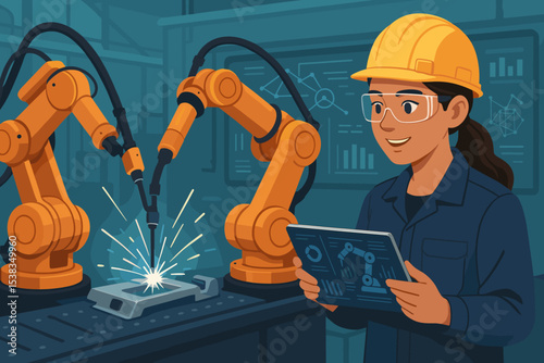 Female engineer in smart factory with robotic arms. Woman operator controls automation welding process with tablet. Industry 4.0 manufacturing and production concept illustration.
