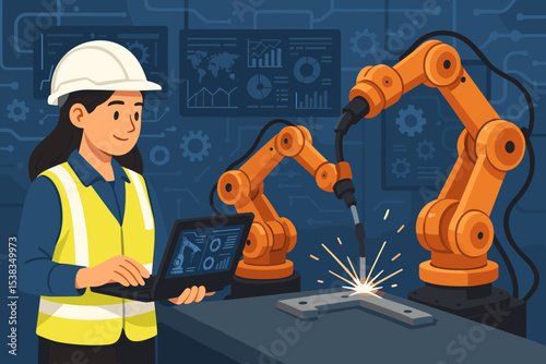 Woman engineer controlling robotic arm welder using laptop in a smart factory. Industry 4.0 concept, manufacturing automation technology, and industrial production line vector.