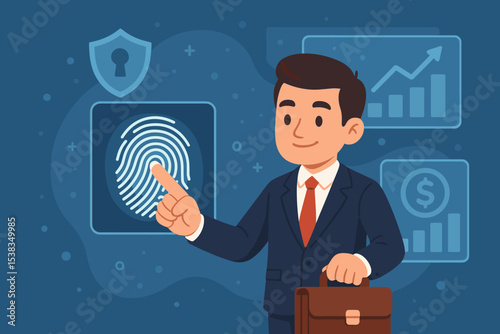 Businessman using fingerprint scanner for biometric security authentication. Fintech concept for secure digital identity, financial data protection, and investment growth access.