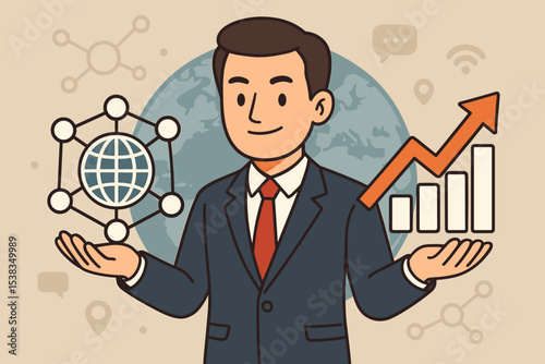 Businessman balancing global network and business growth chart. International corporate strategy concept for financial success. Data analysis, profit increase, and market expansion vector.