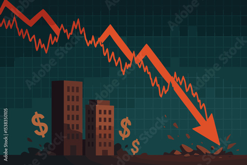 Stock market crash vector illustration. Red arrow graph going down. Financial crisis and economic recession concept. Bear market, investment loss, bankruptcy, real estate market crash.