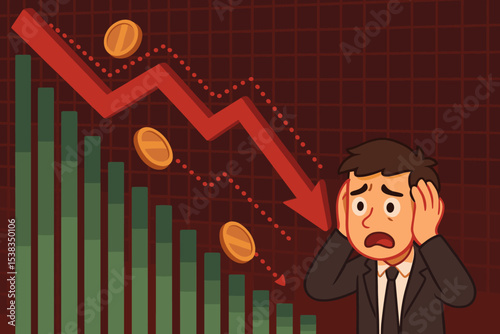 Stock market crash illustration. Panicked trader looking at falling chart. Concept of financial crisis, economic recession, investment loss, bankruptcy, failure, market downturn.