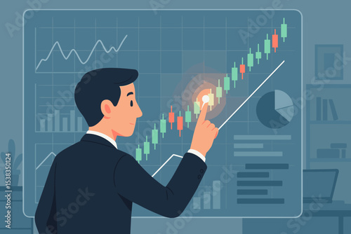 Businessman trader analyzing stock market chart for financial investment. Bullish candlestick graph showing growth and profit. Business data analysis and economic strategy concept.