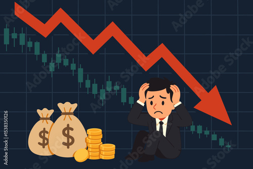 Stock market crash concept. Desperate businessman investor crying over financial loss. Economic crisis, recession, and investment failure metaphor. Bear market chart with red arrow down.