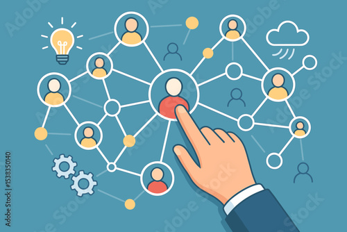Businessman hand choosing a person icon from a network. Concept of human resources, social media management, CRM, and team building. Business organization structure and communication.