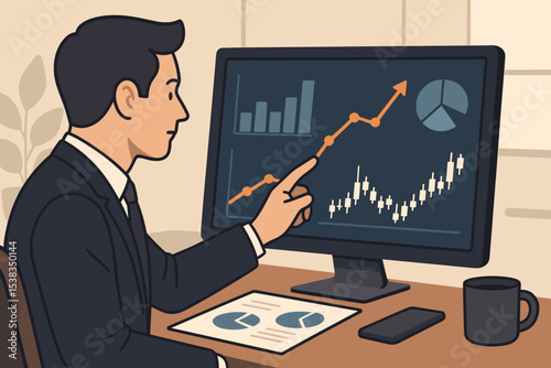 Businessman analyzing financial data on computer. Stock market trader or analyst points at growth chart. Vector illustration of investment strategy, corporate success, business analytics.