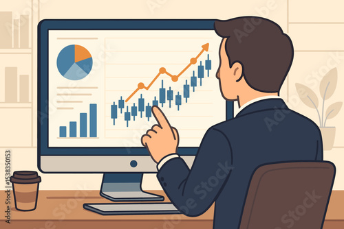 Businessman analyzing financial data on computer screen. Trader or analyst monitoring stock market growth with candlestick chart. Investment, trading, and economy concept illustration.