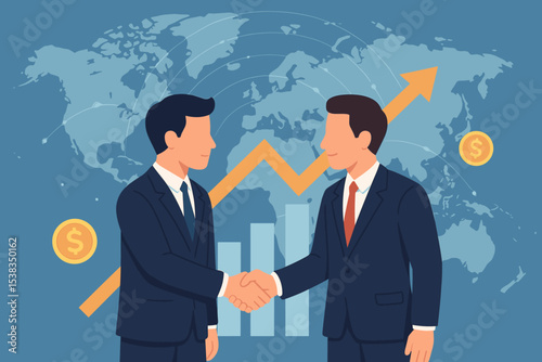 Businessmen shaking hands. Successful global partnership and international investment deal concept. Financial growth, profit, and stock market success. Vector with world map and chart.