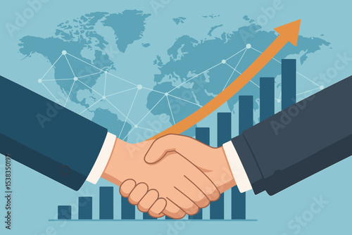 Business handshake concept for successful investment and partnership. Financial growth graph with arrow up on world map background. Global deal, agreement and economy concept.