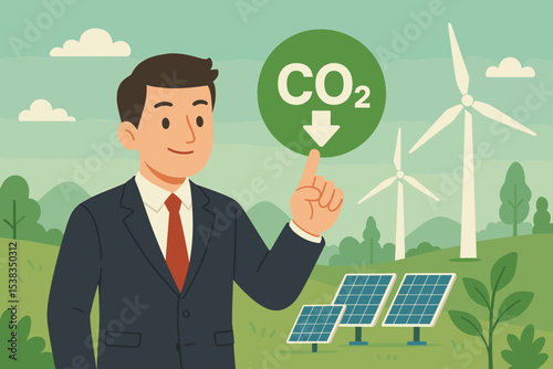 Businessman points to CO2 reduction icon for carbon footprint. Green energy concept with wind turbines, solar panels. Corporate sustainability, ESG, and net zero emissions goal vector.