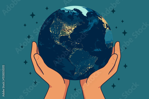 Hands holding planet Earth at night, glowing city lights show global energy consumption. Concept of sustainability, care, ecology, conservation, Earth Day, and climate responsibility.