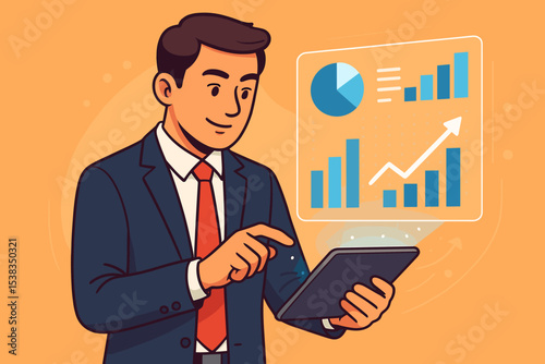 Businessman analyzing data on a tablet. Manager with holographic chart interface. Business strategy, financial growth, and digital marketing concept. Analytics and statistics. Vector.