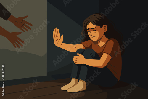 Sad depressed woman sitting alone in a corner refusing a helping hand. Concept of mental health issues, depression, anxiety, loneliness, isolation, and emotional support problems.