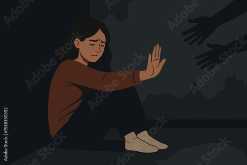 Depressed woman refusing help, concept of mental health disorder, anxiety, PTSD, fear, and being a victim of abuse. Lonely girl in isolation pushing away support. Domestic violence.