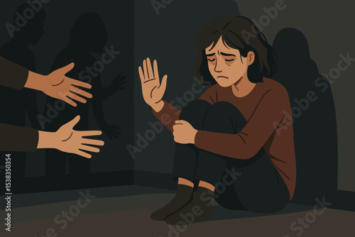 Sad woman refusing help, concept of depression, anxiety, mental health. Lonely person rejecting support, showing stop gesture. Psychology, trauma, social isolation vector.