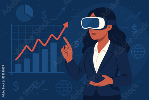 Businesswoman in VR headset analyzing financial data in the metaverse. Future technology for business investment strategy and virtual analytics with growing stock market charts.