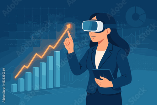 Metaverse business concept. Woman in virtual reality headset analyzes stock market growth chart. Financial analytics, investment strategy, and future technology for data visualization.