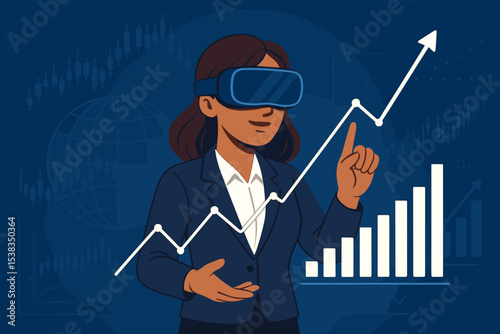 Businesswoman in VR headset analyzes financial data and stock market trends. Metaverse concept for business investment, virtual reality technology, and global economy growth chart.
