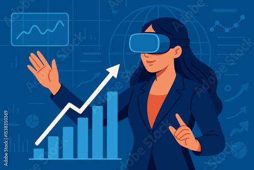 Businesswoman in VR headset analyzing financial data in the metaverse. Virtual reality for stock market investment and global business growth. Future technology concept illustration.