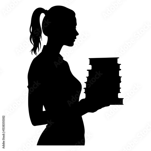 Silhouette of Woman Holding Stack of Books: Education, Reading, Library, Knowledge, Learning, Black and White Graphic Illustration