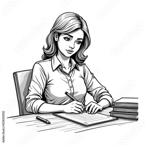 Woman Writing at Desk - Black and White Line Art Illustration of Student Studying with Books, Educational Concept Drawing