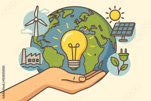 Sustainable energy vector concept with hand holding Earth. Lightbulb idea for innovation. Renewable sources like solar panel, wind turbine vs factory. Global environmental conservation.