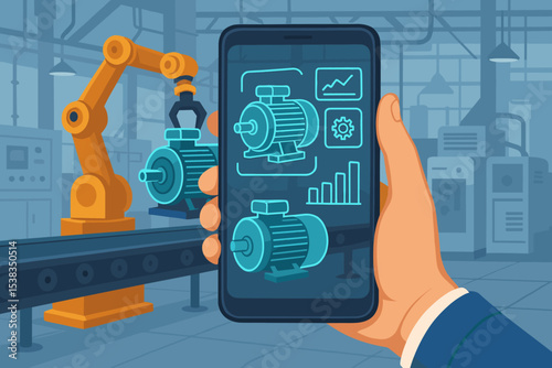 Smart factory and Industry 4.0 concept. Engineer uses smartphone with augmented reality app for motor maintenance and diagnostics. Automation with robotic arm on conveyor belt.