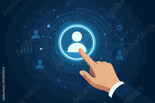 CRM and HR technology concept. Businessman finger touching a user profile icon on a futuristic virtual dashboard. Customer data management, personalization, and audience targeting.