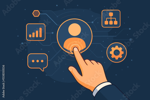 CRM and HR concept. Businessman managing user profile on virtual interface. Finger pressing button on digital dashboard with data analytics, settings, and organization icons. Vector.